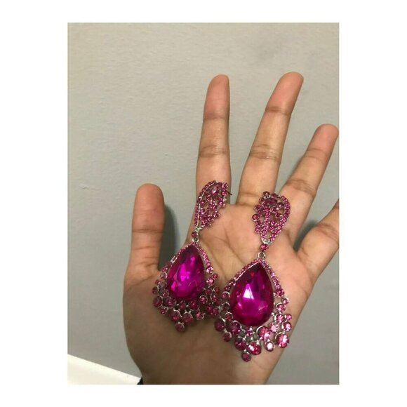 Dark pink earring Fuchsia crystal magenta teardrop earrings pink long earring - Picture 6 of 9